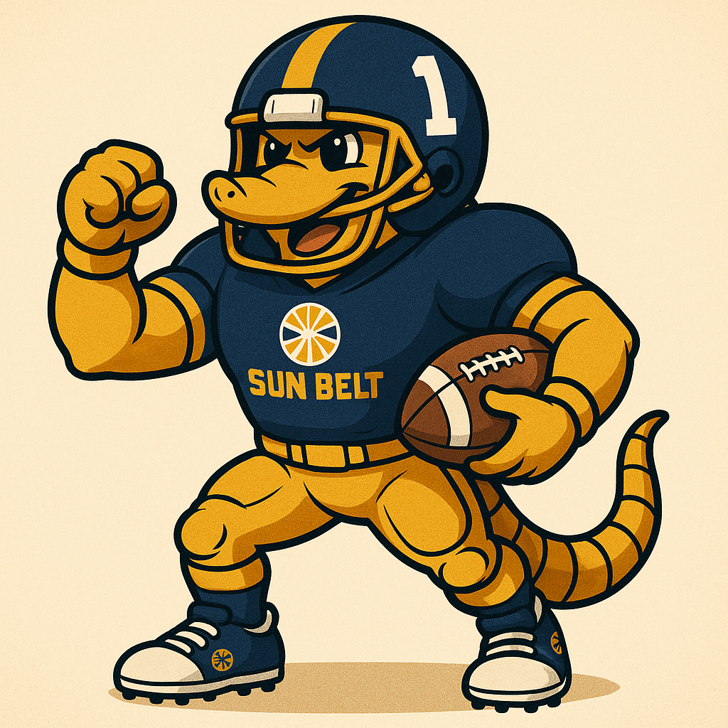 An animated armadillo mascot wearing a blue football jersey with the text 'SUN BELT' and holding a football, exuding strength and energy.