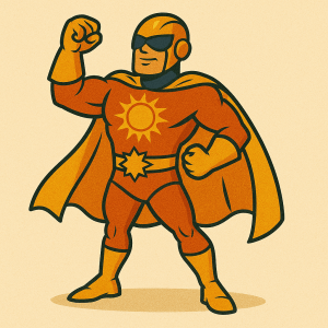 A retro superhero character wearing a sun-emblazoned costume and cape, striking a confident pose against a beige background.