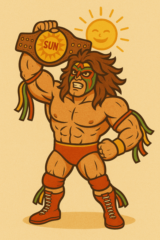 An animated character resembling a muscular wrestler holding a championship belt with the word 'SUN,' featuring long hair and colorful accents, with a smiling sun in the background.