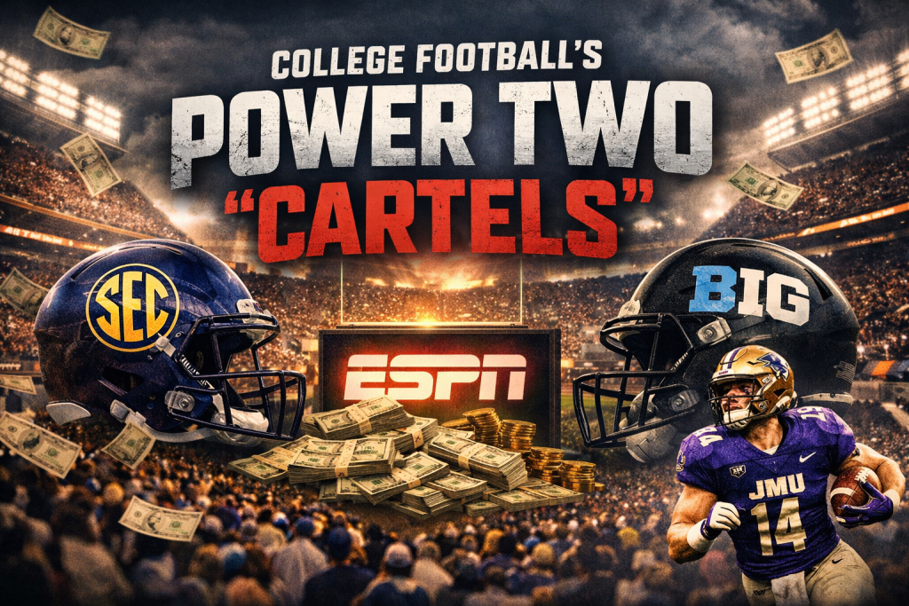 Image depicting college football's 'Power Two' conferences, SEC and Big Ten, visualized as 'cartels' with dollar bills and helmets representing each conference, under the title 'COLLEGE FOOTBALL'S POWER TWO "CARTELS".'