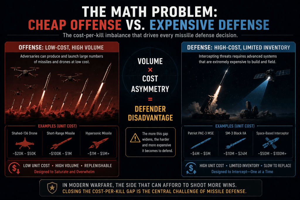 An infographic illustrating the cost-per-kill imbalance in missile defense strategies, contrasting low-cost, high-volume offensive capabilities with high-cost, limited inventory defensive systems. It features examples of both offensive and defensive weapon systems along with their unit costs, highlighting the defender disadvantage.
